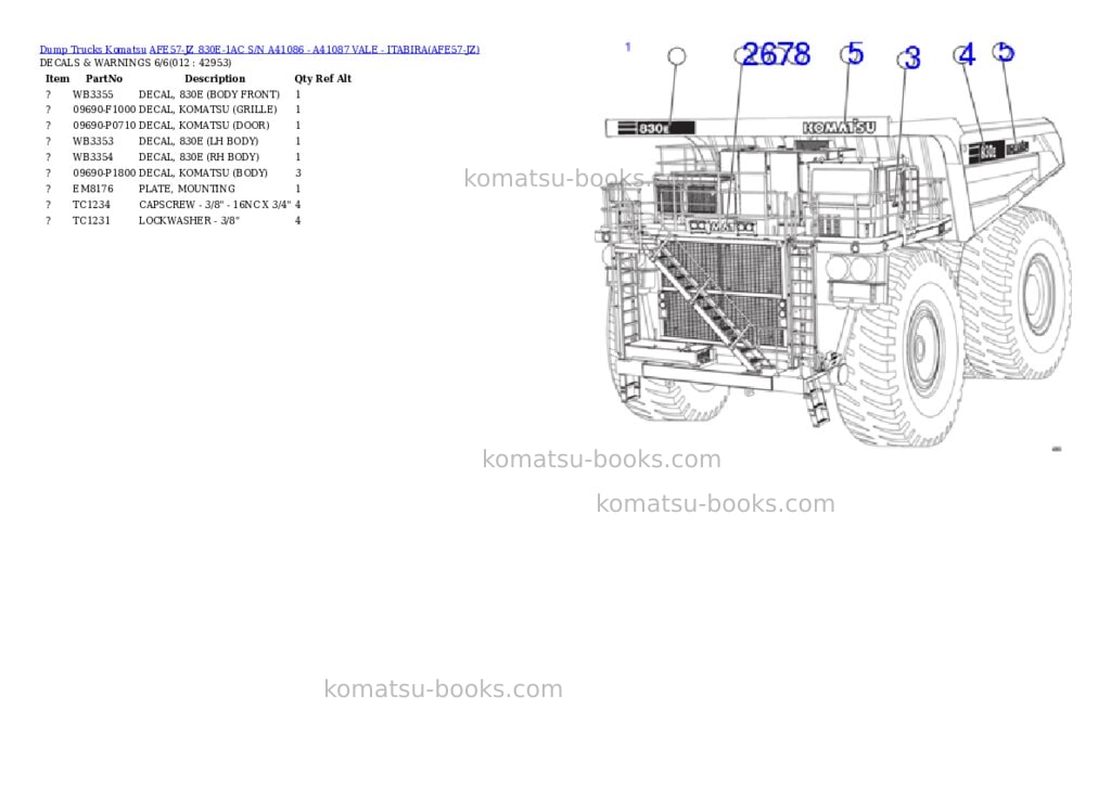 Komatsu AFE57-JZ 830E-1AC S/N A41086 - A41087 VALE - ITABIRA Parts catalog cover Page 6 Komatsu AFE57-JZ 830E-1AC S/N A41086 - A41087 VALE - ITABIRA Parts catalog cover Page 6
