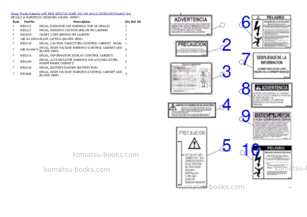 Komatsu AFE57-KC 830E-1AC S/N A41121 BUENAVISTA Parts catalog cover Page 2 Komatsu AFE57-KC 830E-1AC S/N A41121 BUENAVISTA Parts catalog cover Page 2
