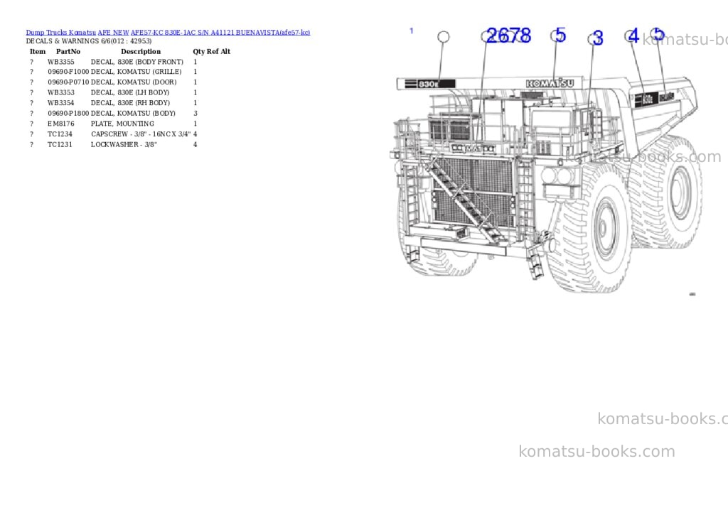Komatsu AFE57-KC 830E-1AC S/N A41121 BUENAVISTA Parts catalog cover Page 6 Komatsu AFE57-KC 830E-1AC S/N A41121 BUENAVISTA Parts catalog cover Page 6