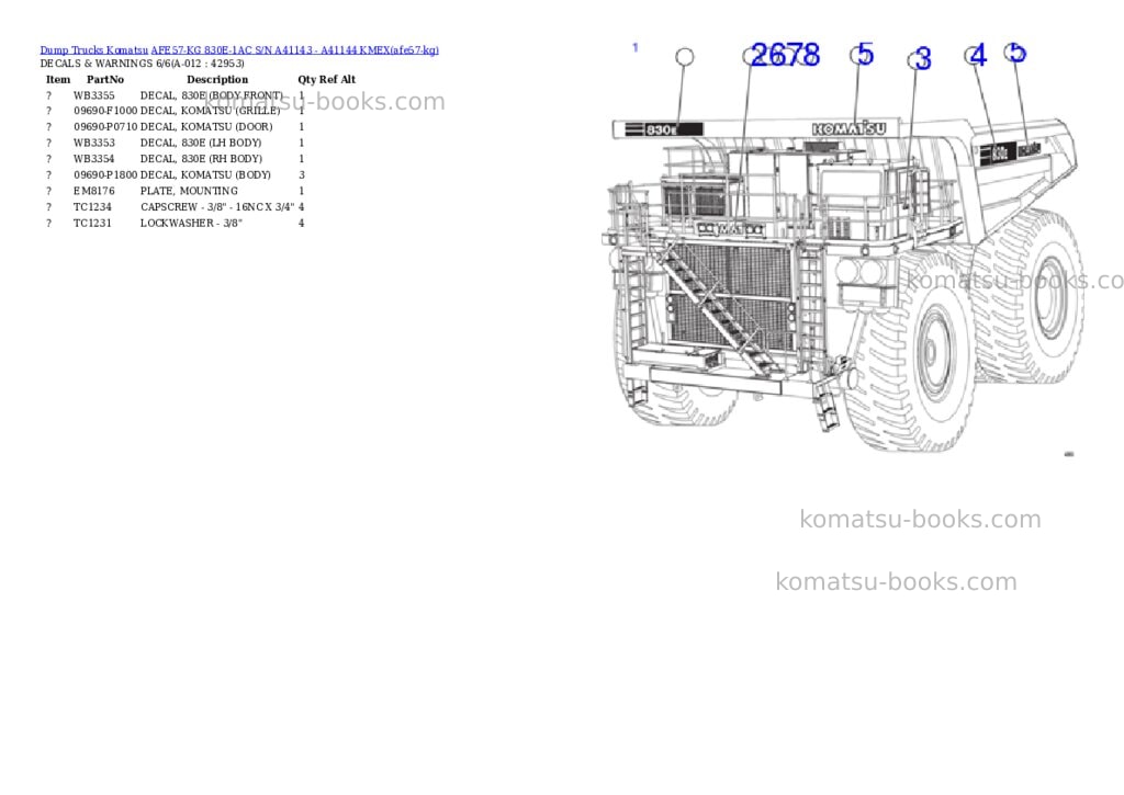 Komatsu AFE57-KG 830E-1AC S/N A41143 - A41144 KMEX Parts catalog cover Page 6