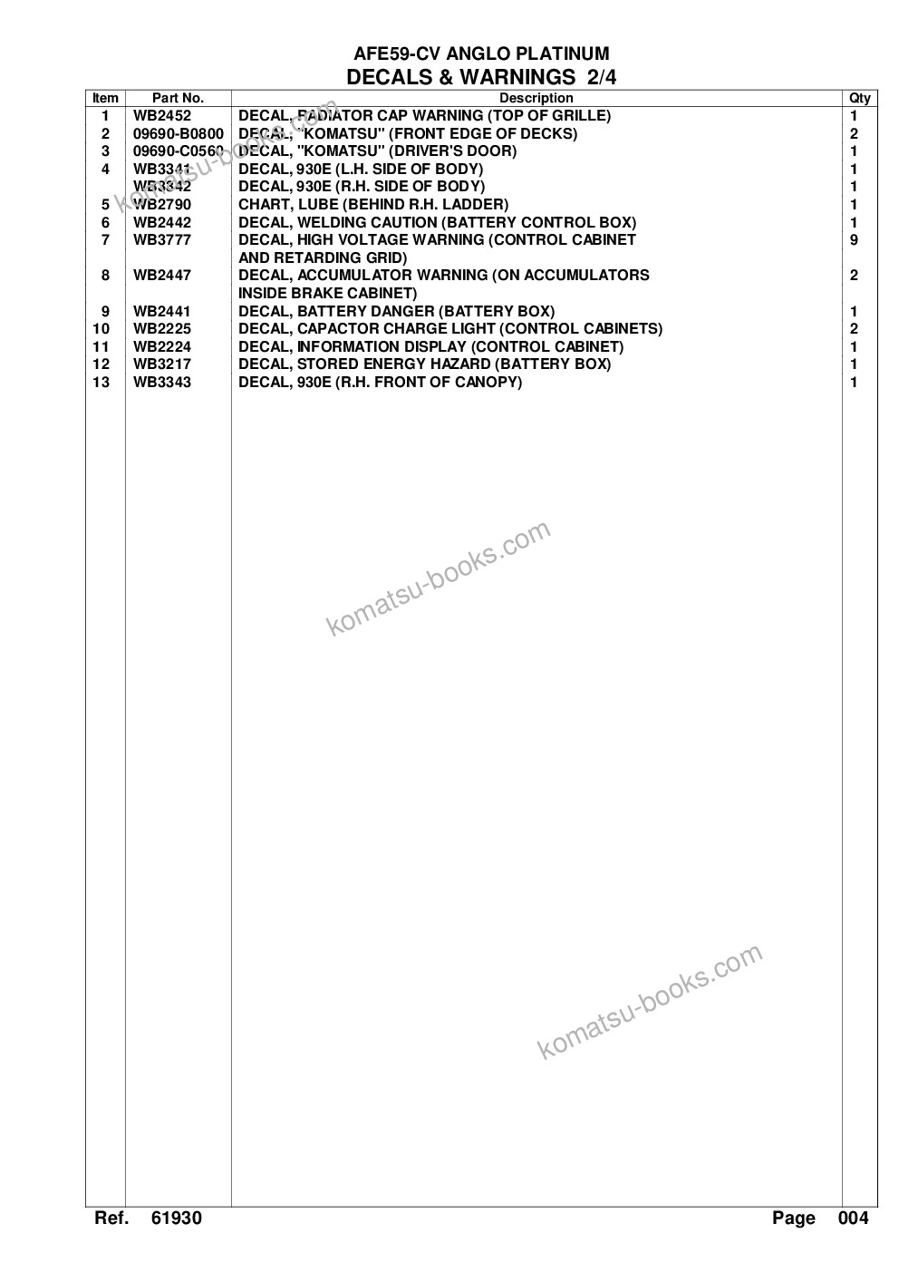 Komatsu afe59-cv 930e-4 s/n a30967-a30969, a30976-a30979 & a30984 anglo platinum Parts catalog cover Page 7 Komatsu afe59-cv 930e-4 s/n a30967-a30969, a30976-a30979 & a30984 anglo platinum Parts catalog cover Page 7