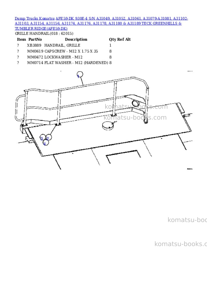 Komatsu afe59-dk 930e-4 s/n a31049, a31052, a31061, a31079-a31081, a31102-a31103, a31154, a31156, a31174, a31176, a31178, a31180 & a31189 teck greenhills & tumbler ridge Parts catalog cover Page 9 Komatsu afe59-dk 930e-4 s/n a31049, a31052, a31061, a31079-a31081, a31102-a31103, a31154, a31156, a31174, a31176, a31178, a31180 & a31189 teck greenhills & tumbler ridge Parts catalog cover Page 9