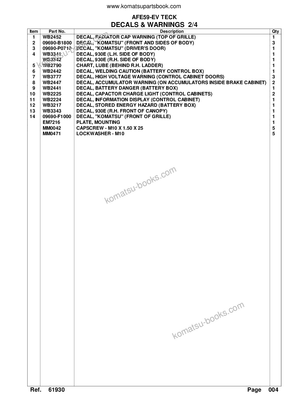 Komatsu afe59-ev 930e-4 s/n a31436 - a31437, a31461, a31465, a31469 - a31470, a31511, a31569, a31571 & a31573 teck - fording river, greenhills, evo & qco Catálogo de piezas cover Page 7