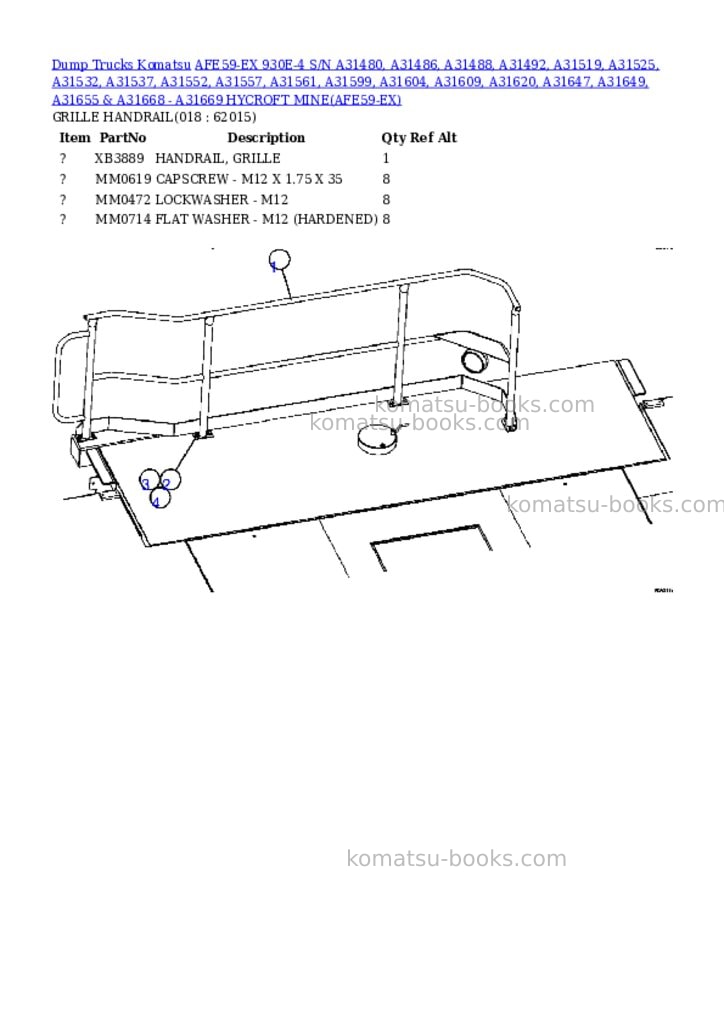 Komatsu afe59-ex 930e-4 s/n a31480, a31486, a31488, a31492, a31519, a31525, a31532, a31537, a31552, a31557, a31561, a31599, a31604, a31609, a31620, a31647, a31649, a31655 & a31668 - a31669 hycroft mine Parts catalog cover Page 9 Komatsu afe59-ex 930e-4 s/n a31480, a31486, a31488, a31492, a31519, a31525, a31532, a31537, a31552, a31557, a31561, a31599, a31604, a31609, a31620, a31647, a31649, a31655 & a31668 - a31669 hycroft mine Parts catalog cover Page 9
