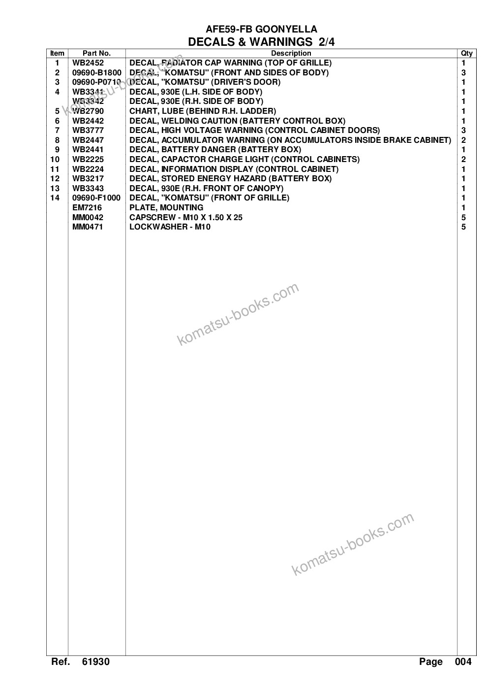 Komatsu afe59-fb 930e-4 s/n a31545, a31549, a31554 & a31567 goonyella Parts catalog cover Page 7 Komatsu afe59-fb 930e-4 s/n a31545, a31549, a31554 & a31567 goonyella Parts catalog cover Page 7