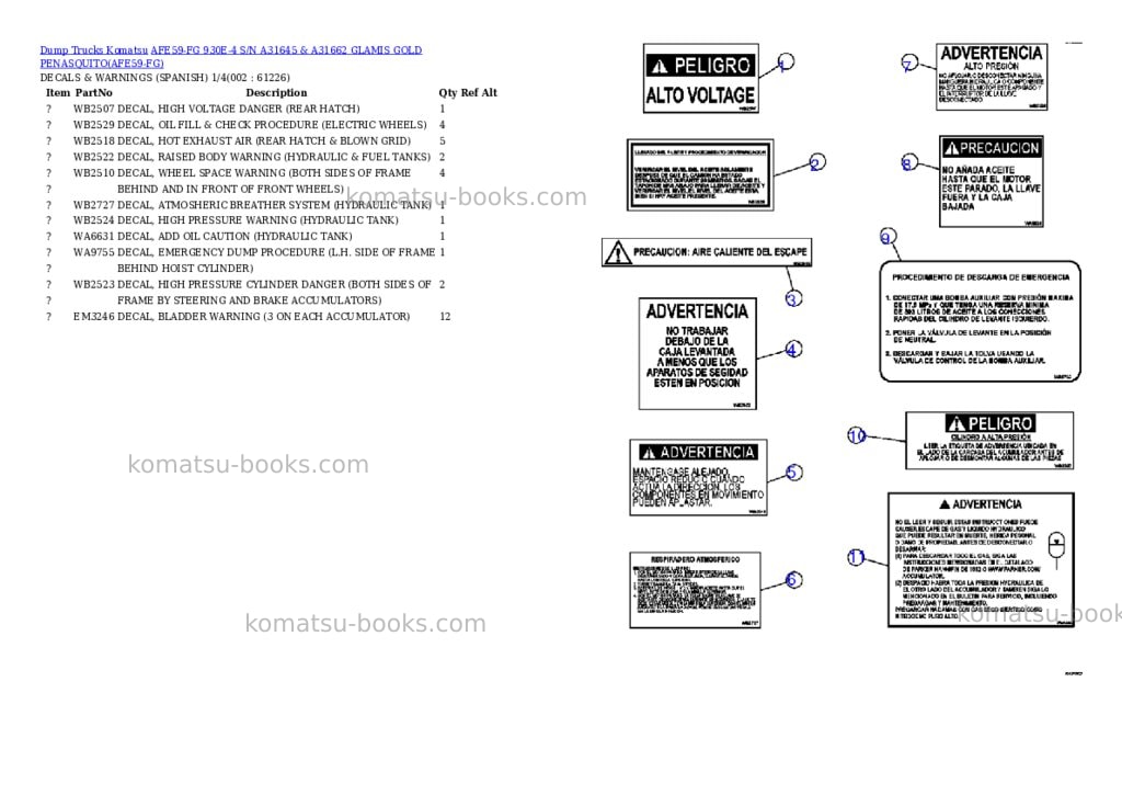 Komatsu afe59-fg 930e-4 s/n a31645 & a31662 glamis gold penasquito Parts catalog cover