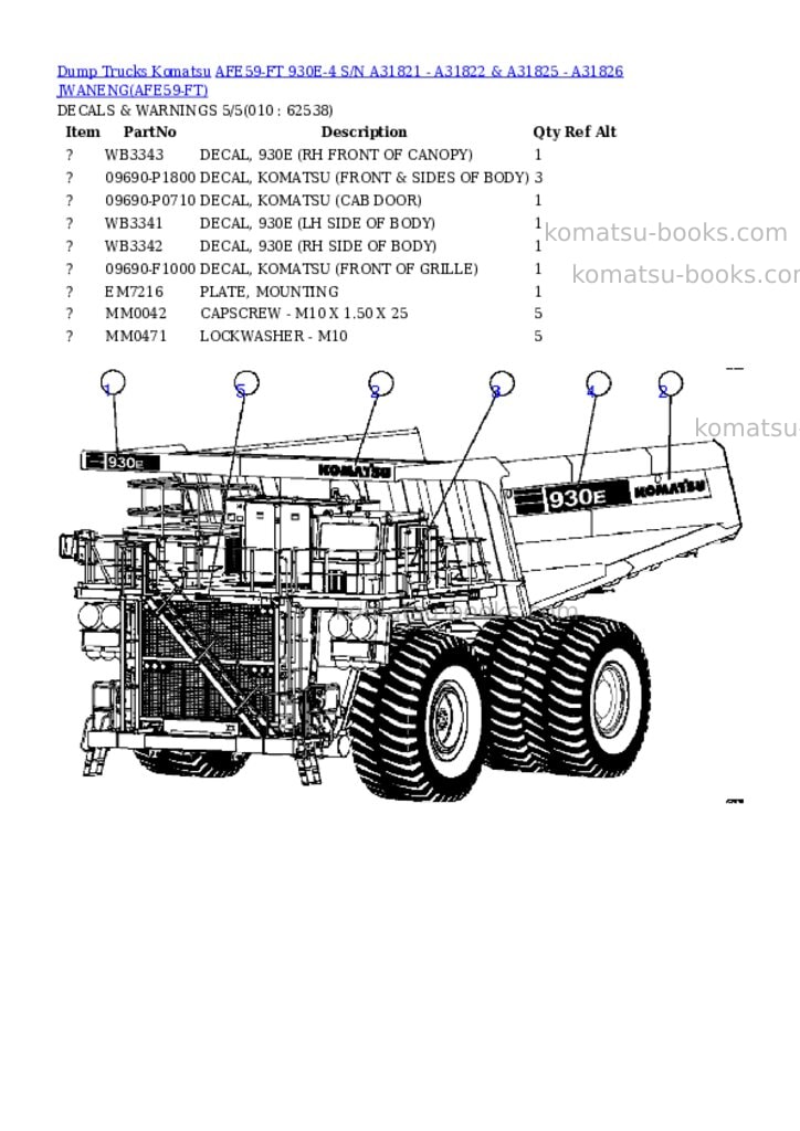 Komatsu afe59-ft 930e-4 s/n a31821 - a31822 & a31825 - a31826 jwaneng Parts catalog cover Page 5 Komatsu afe59-ft 930e-4 s/n a31821 - a31822 & a31825 - a31826 jwaneng Parts catalog cover Page 5