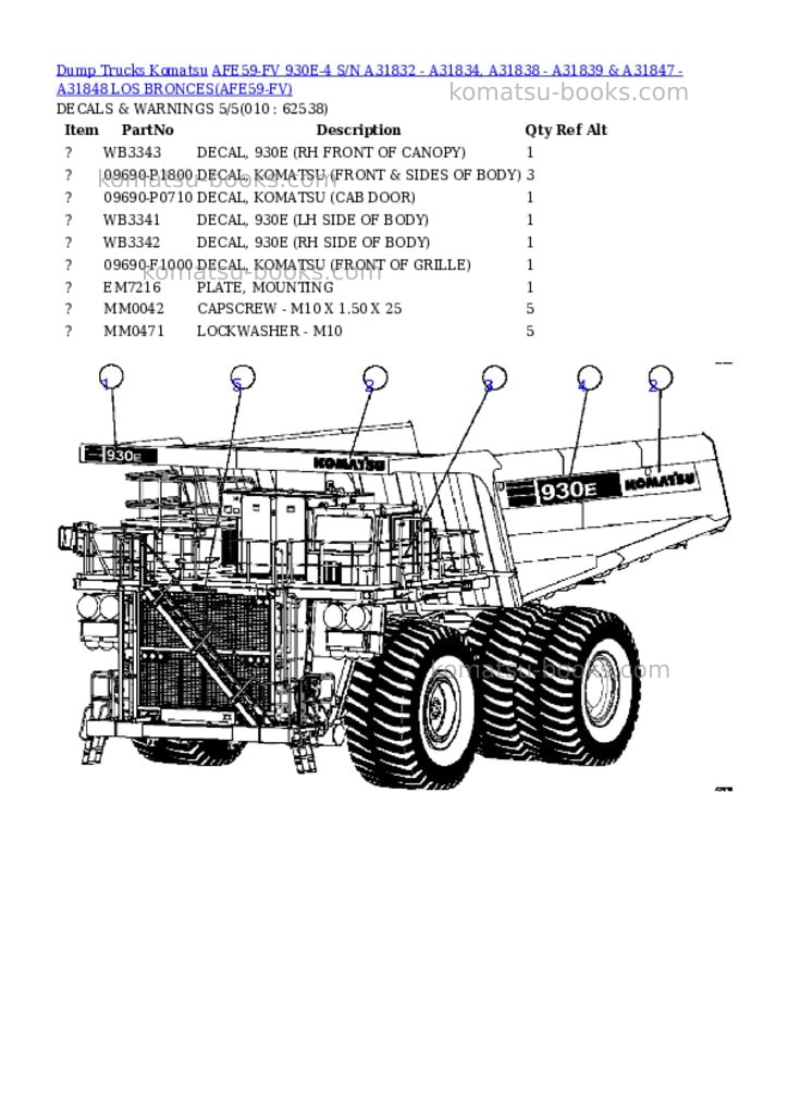 Komatsu afe59-fv 930e-4 s/n a31832 - a31834, a31838 - a31839 & a31847 - a31848 los bronces Parts catalog cover Page 5