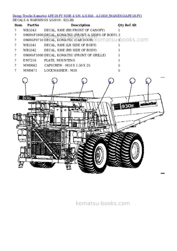 Komatsu afe59-fy 930e-4 s/n a31856 - a31859 jwaneng Parts catalog cover Page 5
