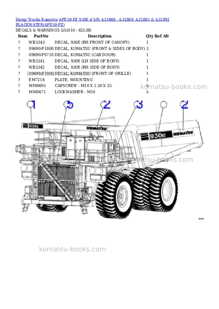 Komatsu afe59-fz 930e-4 s/n a31868 - a31869, a31881 & a31891 blackwater Parts catalog cover Page 5