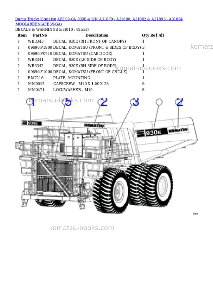 Komatsu afe59-ga 930e-4 s/n a31879 - a31880, a31882 & a31893 - a31894 moolarben Parts catalog cover Page 5 Komatsu afe59-ga 930e-4 s/n a31879 - a31880, a31882 & a31893 - a31894 moolarben Parts catalog cover Page 5