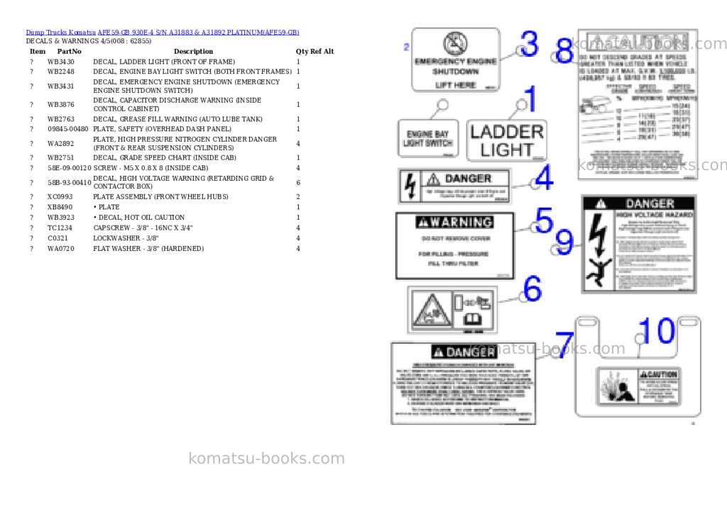 Komatsu afe59-gb 930e-4 s/n a31883 & a31892 platinum Parts catalog cover Page 4
