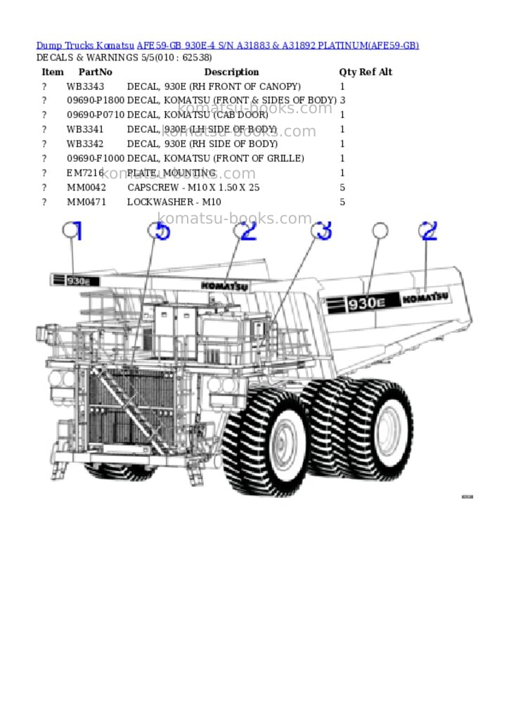 Komatsu afe59-gb 930e-4 s/n a31883 & a31892 platinum Parts catalog cover Page 5