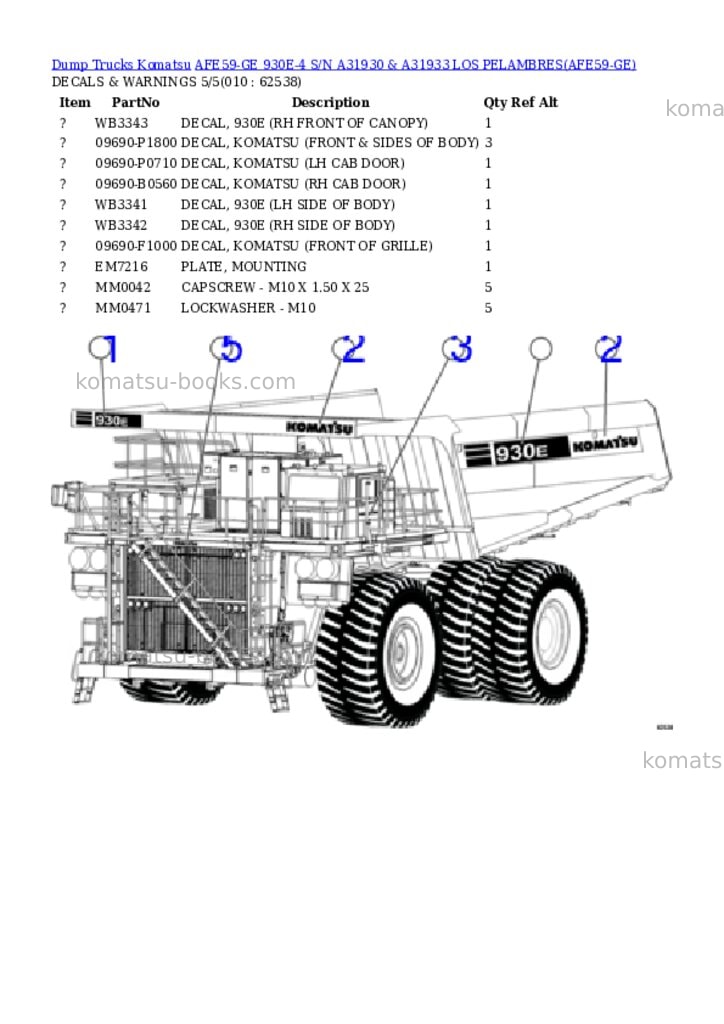 Komatsu afe59-ge 930e-4 s/n a31930 & a31933 los pelambres Parts catalog cover Page 5 Komatsu afe59-ge 930e-4 s/n a31930 & a31933 los pelambres Parts catalog cover Page 5