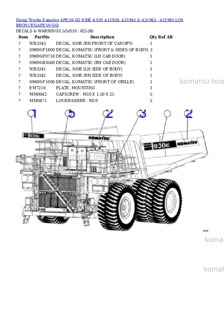 Komatsu afe59-gg 930e-4 s/n a31936, a31943 & a31963 - a31965 los bronces Parts catalog cover Page 5 Komatsu afe59-gg 930e-4 s/n a31936, a31943 & a31963 - a31965 los bronces Parts catalog cover Page 5