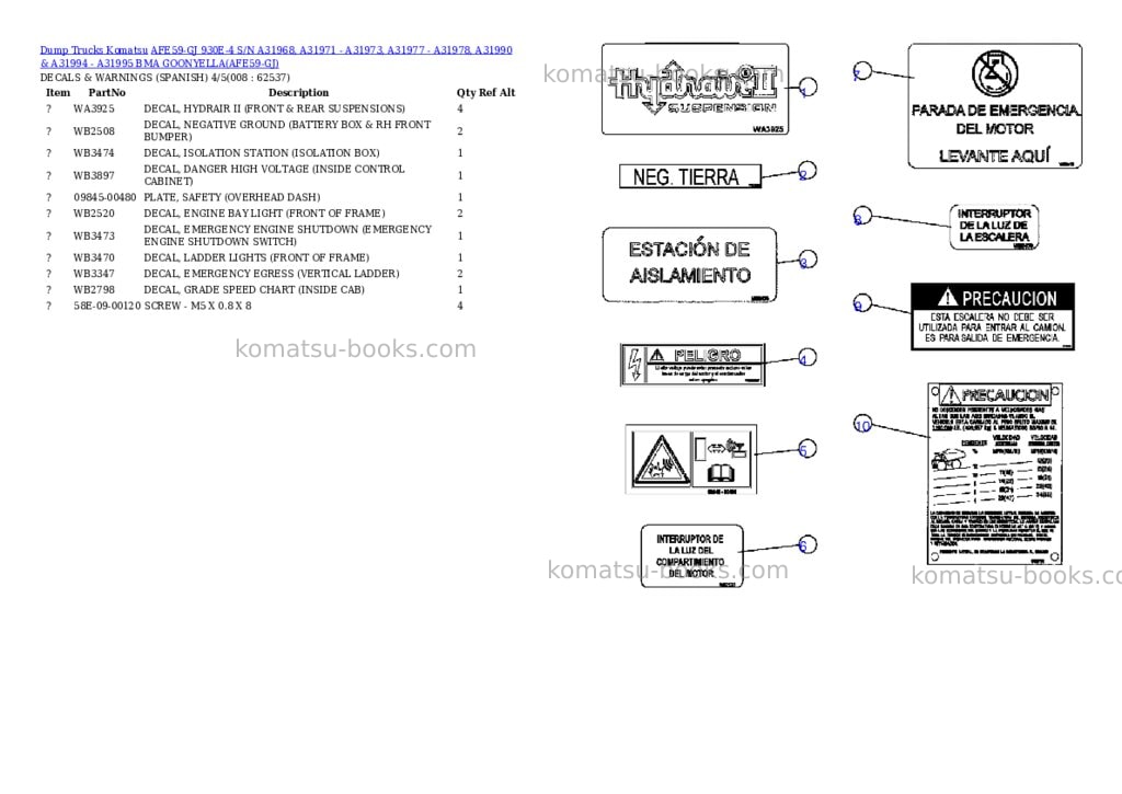 Komatsu afe59-gj 930e-4 s/n a31968, a31971 - a31973, a31977 - a31978, a31990 & a31994 - a31995 bma goonyella Parts catalog cover Page 4 Komatsu afe59-gj 930e-4 s/n a31968, a31971 - a31973, a31977 - a31978, a31990 & a31994 - a31995 bma goonyella Parts catalog cover Page 4