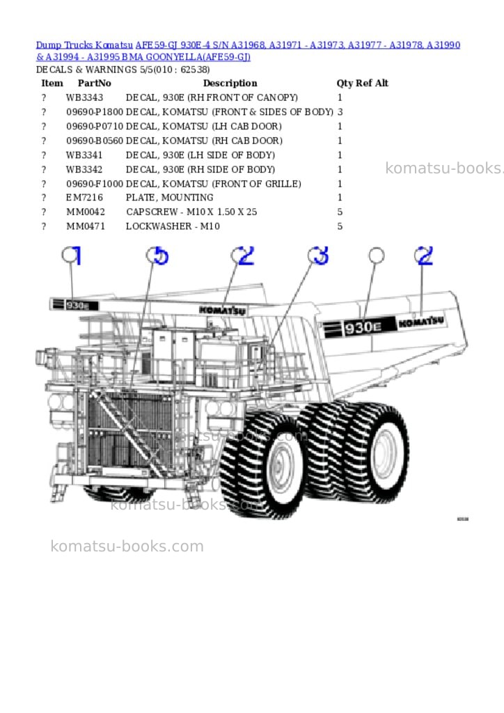 Komatsu afe59-gj 930e-4 s/n a31968, a31971 - a31973, a31977 - a31978, a31990 & a31994 - a31995 bma goonyella Parts catalog cover Page 5 Komatsu afe59-gj 930e-4 s/n a31968, a31971 - a31973, a31977 - a31978, a31990 & a31994 - a31995 bma goonyella Parts catalog cover Page 5