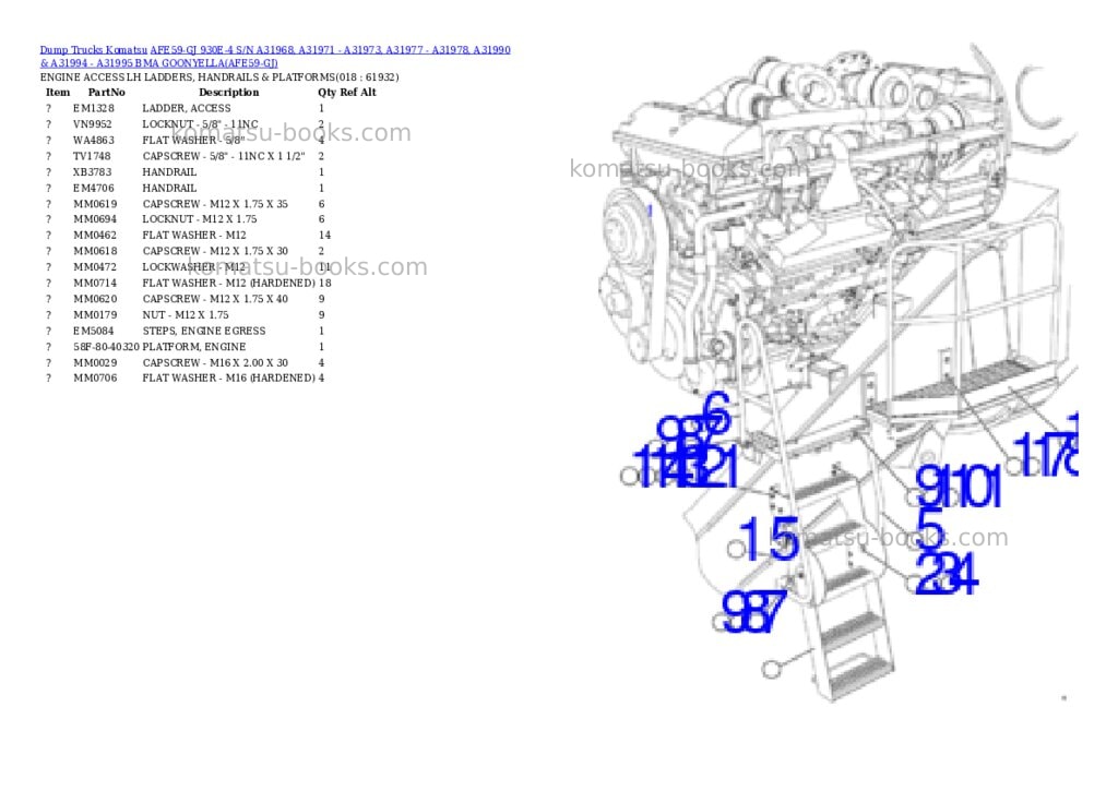 Komatsu afe59-gj 930e-4 s/n a31968, a31971 - a31973, a31977 - a31978, a31990 & a31994 - a31995 bma goonyella Parts catalog cover Page 9 Komatsu afe59-gj 930e-4 s/n a31968, a31971 - a31973, a31977 - a31978, a31990 & a31994 - a31995 bma goonyella Parts catalog cover Page 9