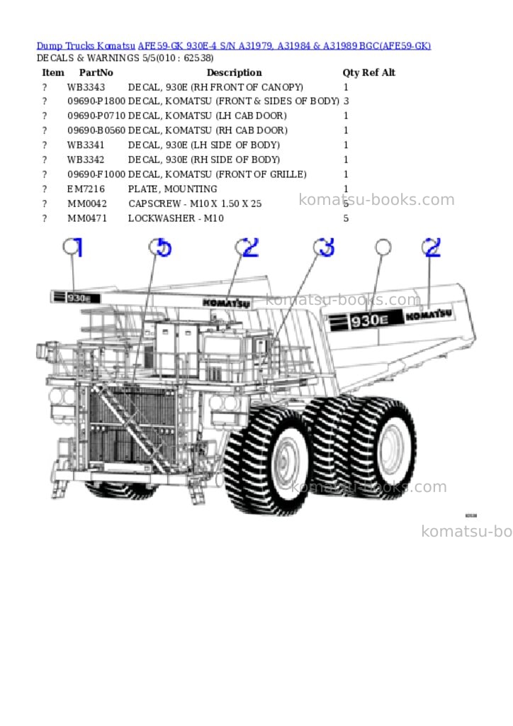 Komatsu afe59-gk 930e-4 s/n a31979, a31984 & a31989 bgc Parts catalog cover Page 5