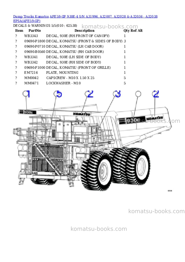 Komatsu afe59-gp 930e-4 s/n a31996, a32007, a32028 & a32036 - a32038 epsa Parts catalog cover Page 5