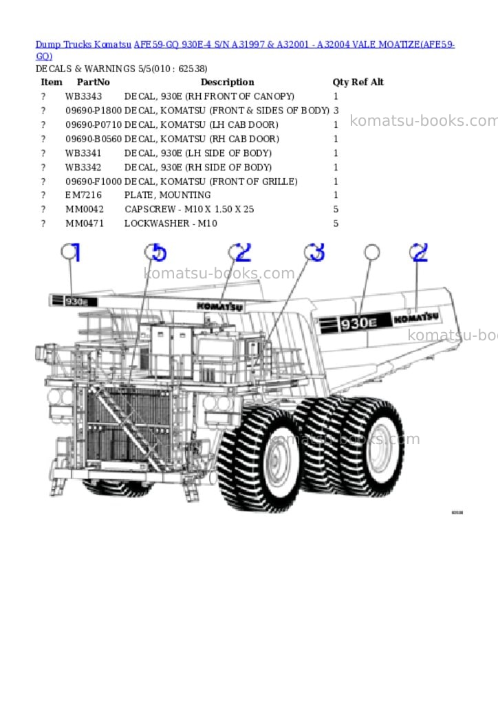 Komatsu afe59-gq 930e-4 s/n a31997 & a32001 - a32004 vale moatize Parts catalog cover Page 5 Komatsu afe59-gq 930e-4 s/n a31997 & a32001 - a32004 vale moatize Parts catalog cover Page 5