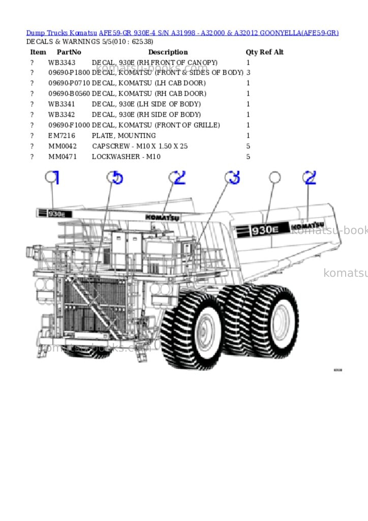 Komatsu afe59-gr 930e-4 s/n a31998 - a32000 & a32012 goonyella Parts catalog cover Page 5 Komatsu afe59-gr 930e-4 s/n a31998 - a32000 & a32012 goonyella Parts catalog cover Page 5