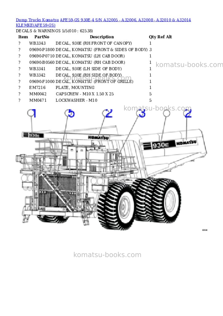 Komatsu afe59-gs 930e-4 s/n a32005 - a32006, a32008 - a32010 & a32014 klemke Parts catalog cover Page 5