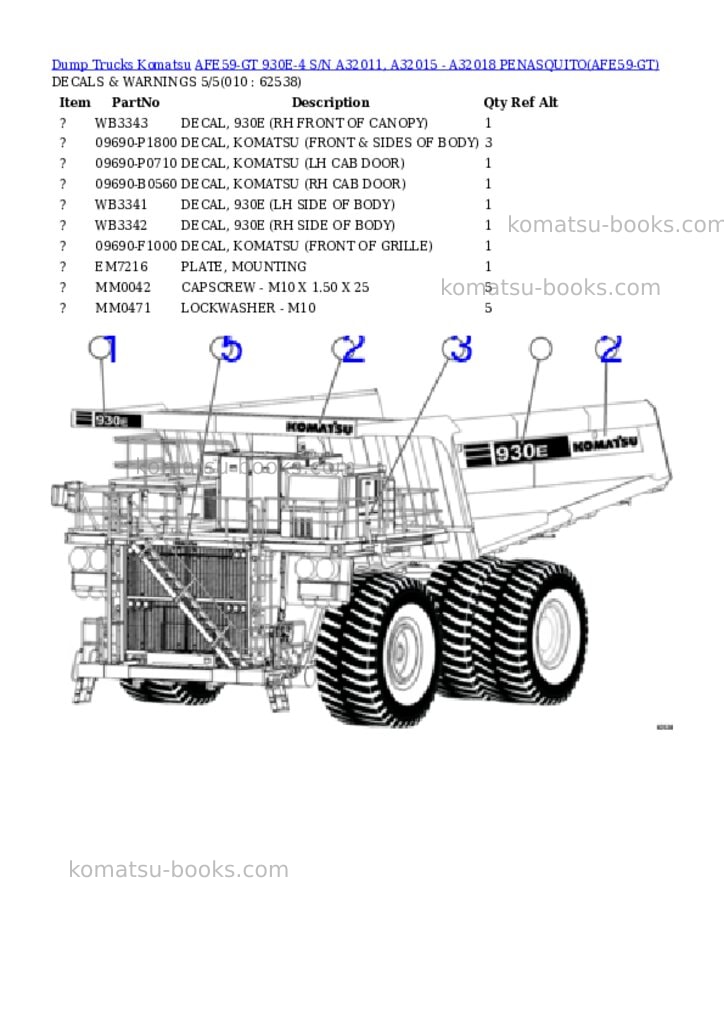 Komatsu afe59-gt 930e-4 s/n a32011, a32015 - a32018 penasquito Parts catalog cover Page 5