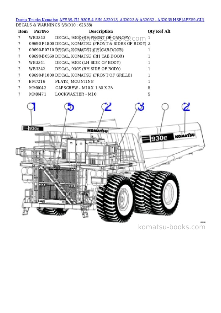 Komatsu afe59-gu 930e-4 s/n a32013, a32023 & a32032 - a32035 hse Parts catalog cover Page 5