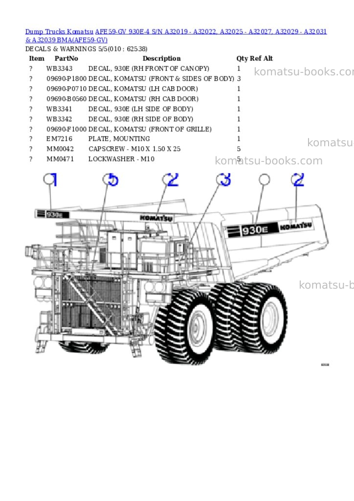 Komatsu afe59-gv 930e-4 s/n a32019 - a32022, a32025 - a32027, a32029 - a32031 & a32039 bma Parts catalog cover Page 5 Komatsu afe59-gv 930e-4 s/n a32019 - a32022, a32025 - a32027, a32029 - a32031 & a32039 bma Parts catalog cover Page 5
