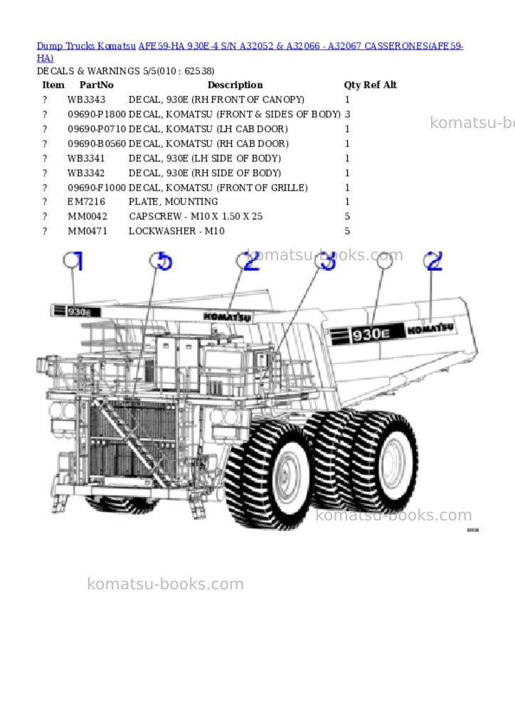Komatsu afe59-ha 930e-4 s/n a32052 & a32066 - a32067 casserones Parts catalog cover Page 5