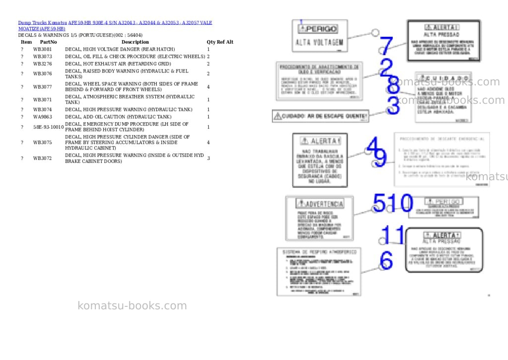 Komatsu afe59-hb 930e-4 s/n a32043 - a32044 & a32053 - a32057 vale moatize Parts catalog cover