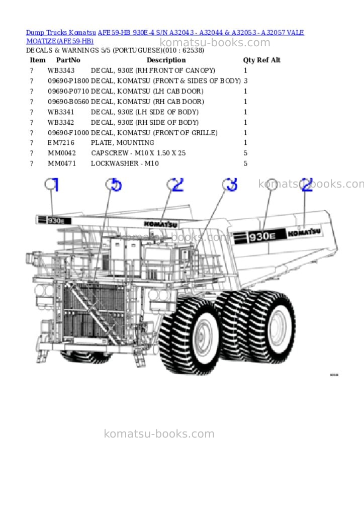 Komatsu afe59-hb 930e-4 s/n a32043 - a32044 & a32053 - a32057 vale moatize Parts catalog cover Page 5