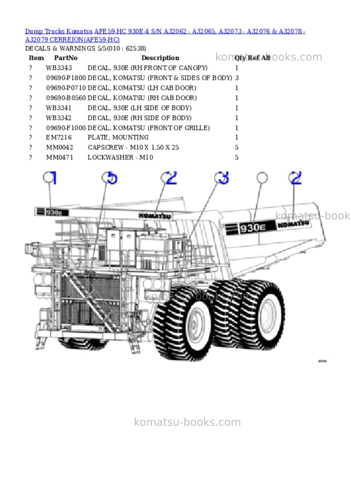 Komatsu afe59-hc 930e-4 s/n a32062 - a32065, a32073 - a32076 & a32078 - a32079 cerrejon Parts catalog cover Page 5 Komatsu afe59-hc 930e-4 s/n a32062 - a32065, a32073 - a32076 & a32078 - a32079 cerrejon Parts catalog cover Page 5