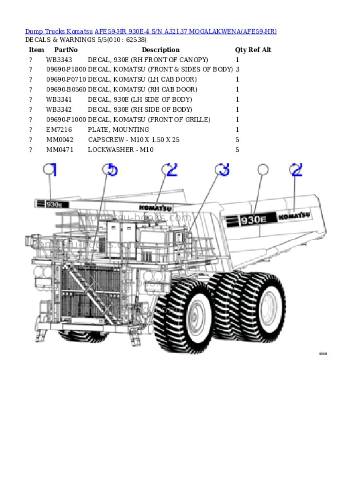 Komatsu AFE59-HR 930E-4 S/N A32137 MOGALAKWENA Parts catalog cover Page 5