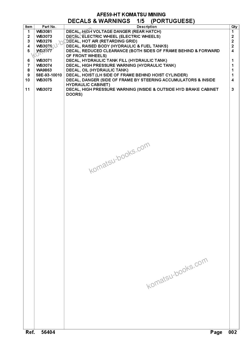 Komatsu AFE59-HT 930E-4 S/N A32141 - A32143, A32147 - A32149, A32154 - A32155 CARAJAS Parts catalog cover Page 5