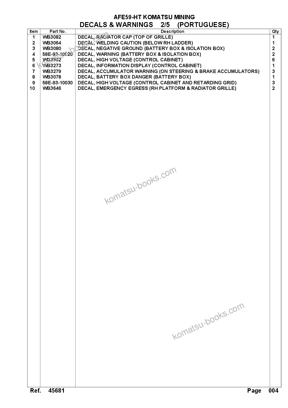 Komatsu AFE59-HT 930E-4 S/N A32141 - A32143, A32147 - A32149, A32154 - A32155 CARAJAS Parts catalog cover Page 7