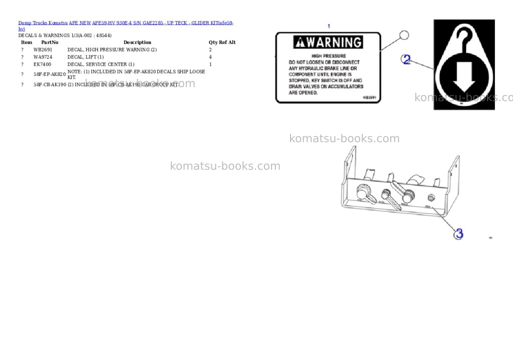 Komatsu AFE59-HV 930E-4 S/N GAE2285 - UP TECK - GLIDER KIT Parts catalog cover
