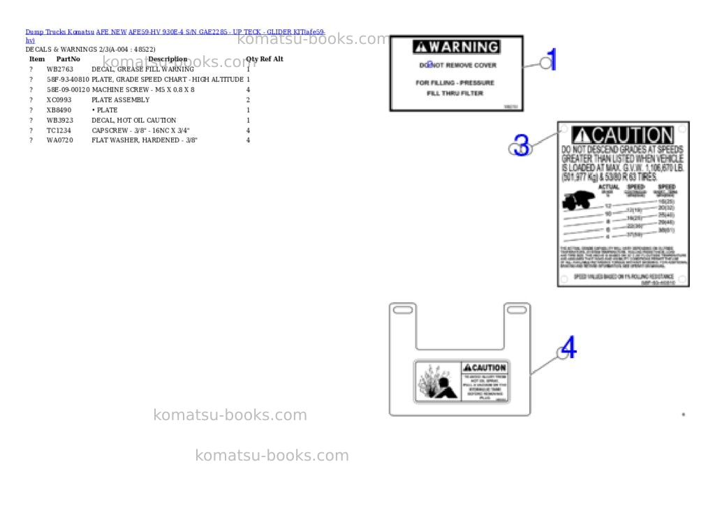 Komatsu AFE59-HV 930E-4 S/N GAE2285 - UP TECK - GLIDER KIT Parts catalog cover Page 2