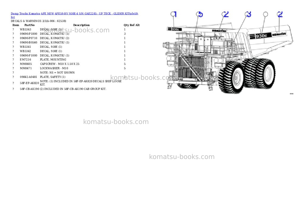 Komatsu AFE59-HV 930E-4 S/N GAE2285 - UP TECK - GLIDER KIT Parts catalog cover Page 3