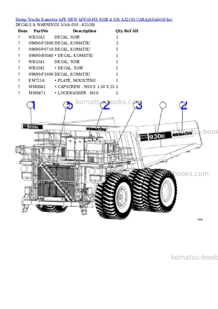 Komatsu AFE59-HX 930E-4 S/N A32105 CARAJAS Parts catalog cover Page 5 Komatsu AFE59-HX 930E-4 S/N A32105 CARAJAS Parts catalog cover Page 5