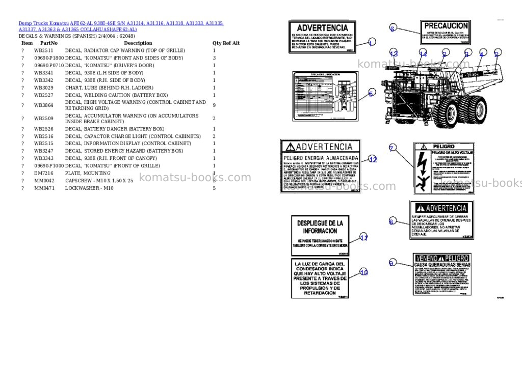 Komatsu afe62-al 930e-4se s/n a31314, a31316, a31318, a31333, a31335, a31337, a31363 & a31365 collahuasi Parts catalog cover Page 2
