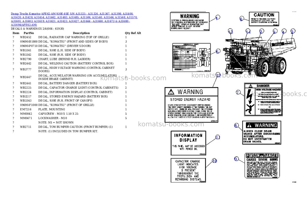 Komatsu afe62-am 930e-4se s/n a31325 - a31326, a31367, a31398, a31400, a31420, a31428, a31454, a31462, a31483, a31485, a31506, a31540, a31566, a31568, a31570, a31601, a31603, a31619, a31621, a31623, a31627, a31644 - a31660, a31673 & a31680 - a31694 bingham canyon Parts catalog cover Page 2 Komatsu afe62-am 930e-4se s/n a31325 - a31326, a31367, a31398, a31400, a31420, a31428, a31454, a31462, a31483, a31485, a31506, a31540, a31566, a31568, a31570, a31601, a31603, a31619, a31621, a31623, a31627, a31644 - a31660, a31673 & a31680 - a31694 bingham canyon Parts catalog cover Page 2