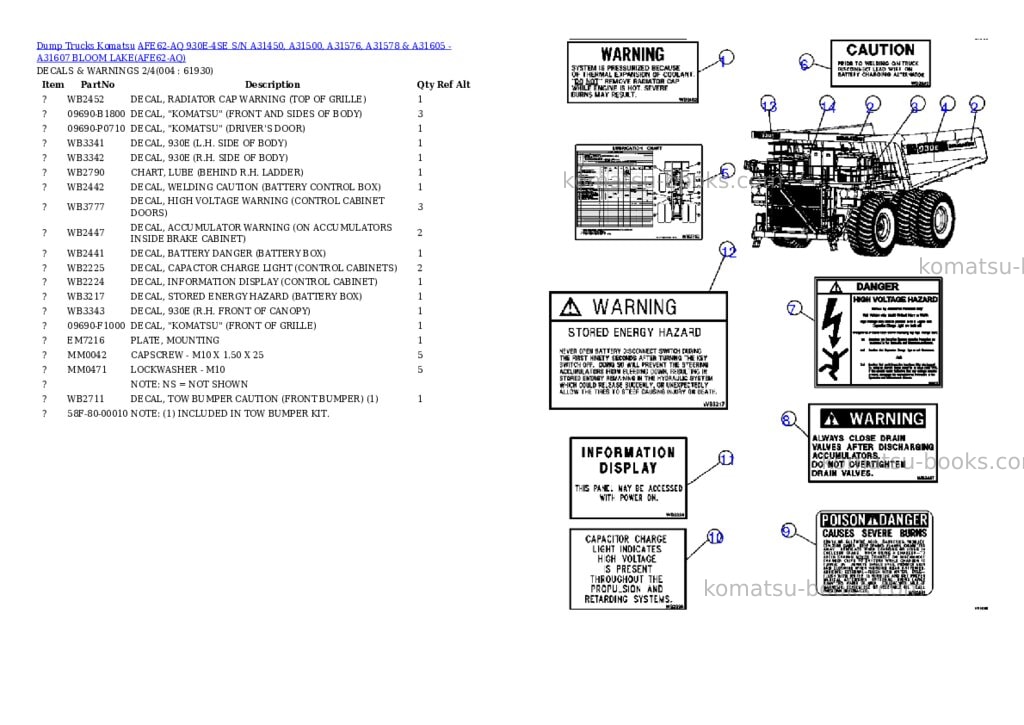 Komatsu afe62-aq 930e-4se s/n a31450, a31500, a31576, a31578 & a31605 - a31607 bloom lake Parts catalog cover Page 2