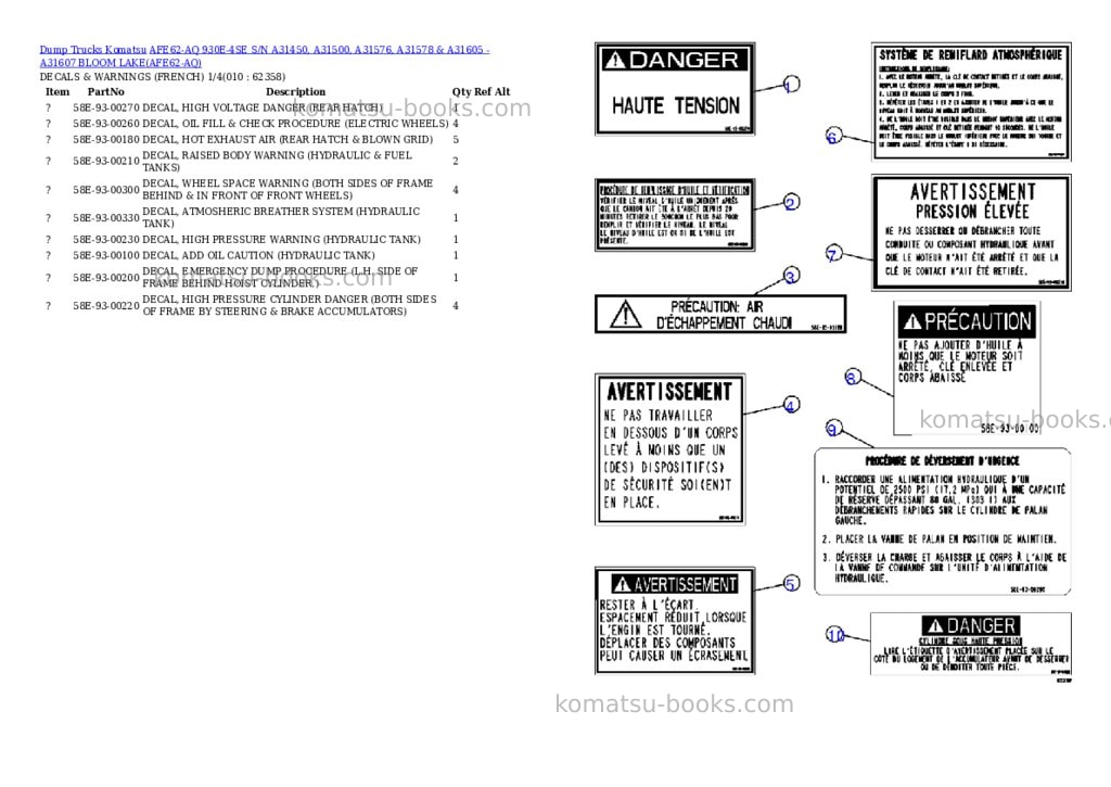 Komatsu afe62-aq 930e-4se s/n a31450, a31500, a31576, a31578 & a31605 - a31607 bloom lake Parts catalog cover Page 5