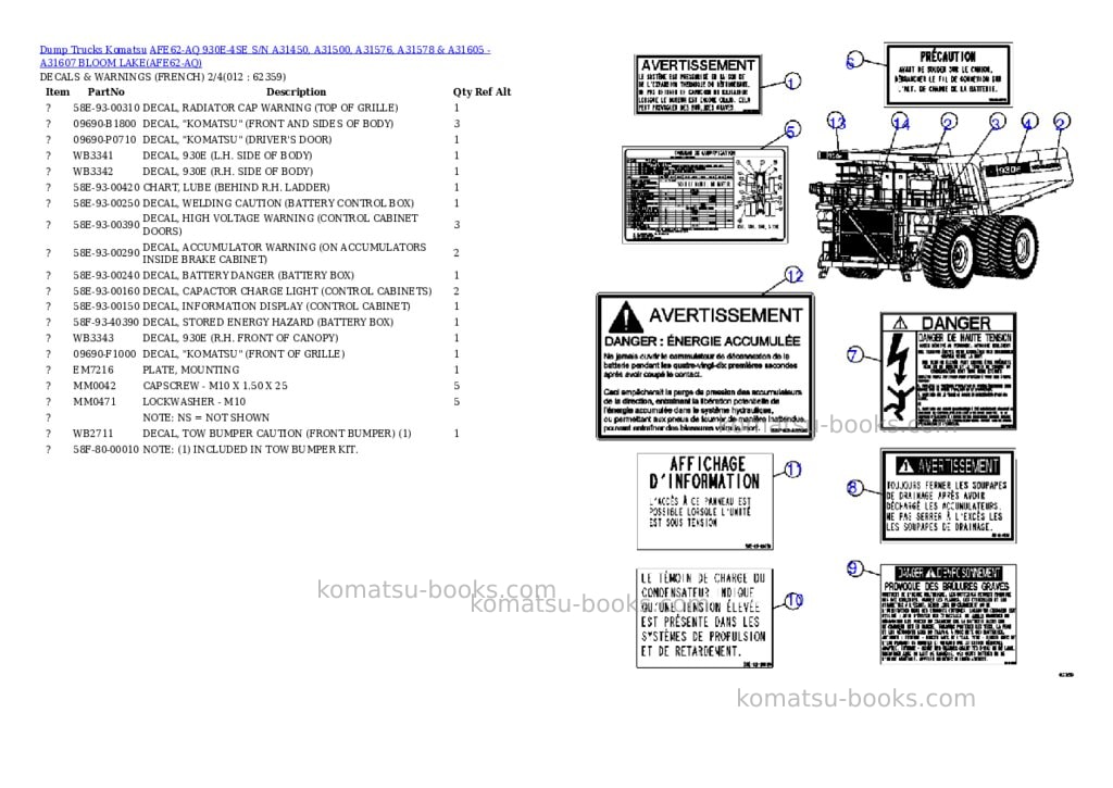 Komatsu afe62-aq 930e-4se s/n a31450, a31500, a31576, a31578 & a31605 - a31607 bloom lake Parts catalog cover Page 6
