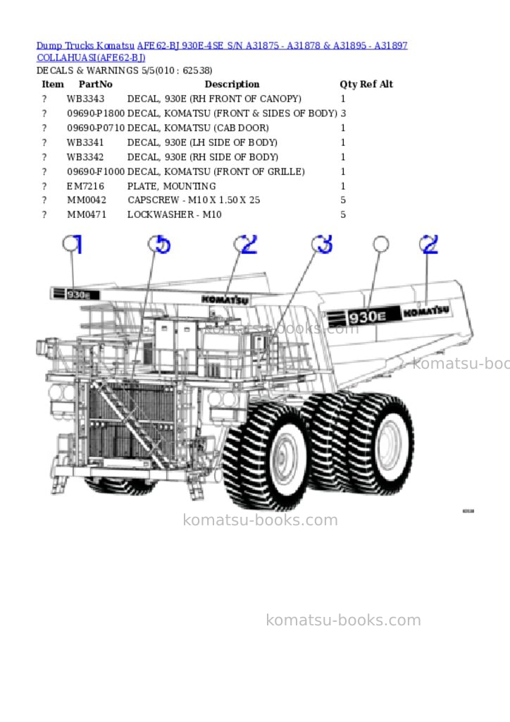 Komatsu afe62-bj 930e-4se s/n a31875 - a31878 & a31895 - a31897 collahuasi Parts catalog cover Page 5 Komatsu afe62-bj 930e-4se s/n a31875 - a31878 & a31895 - a31897 collahuasi Parts catalog cover Page 5