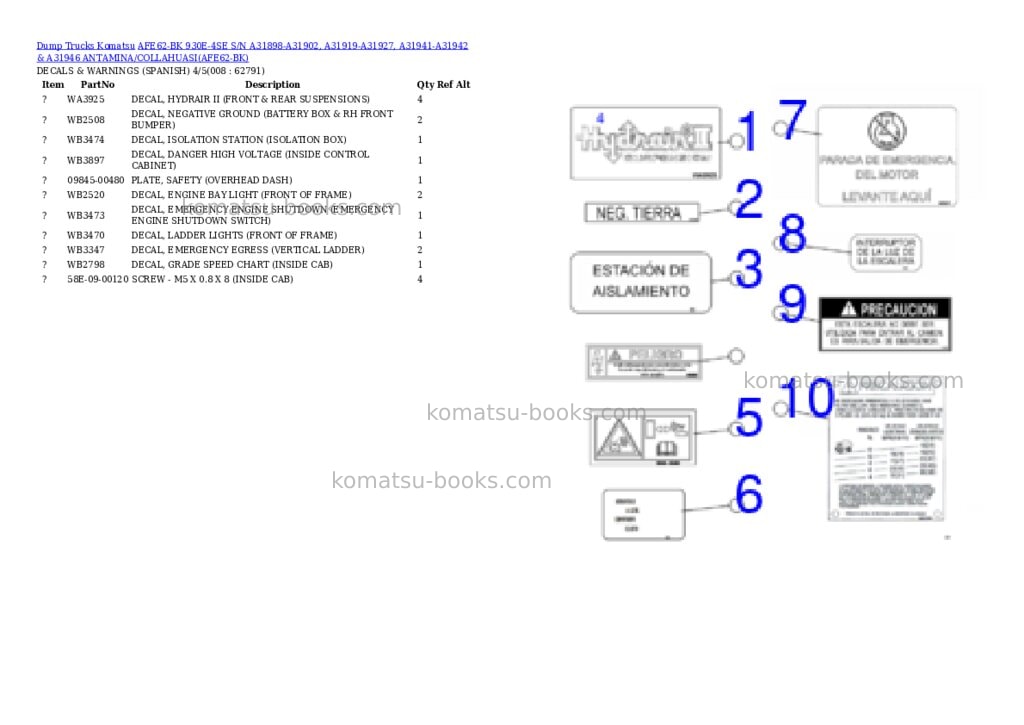 Komatsu afe62-bk 930e-4se s/n a31898-a31902, a31919-a31927, a31941-a31942 & a31946 antamina/collahuasi Parts catalog cover Page 4