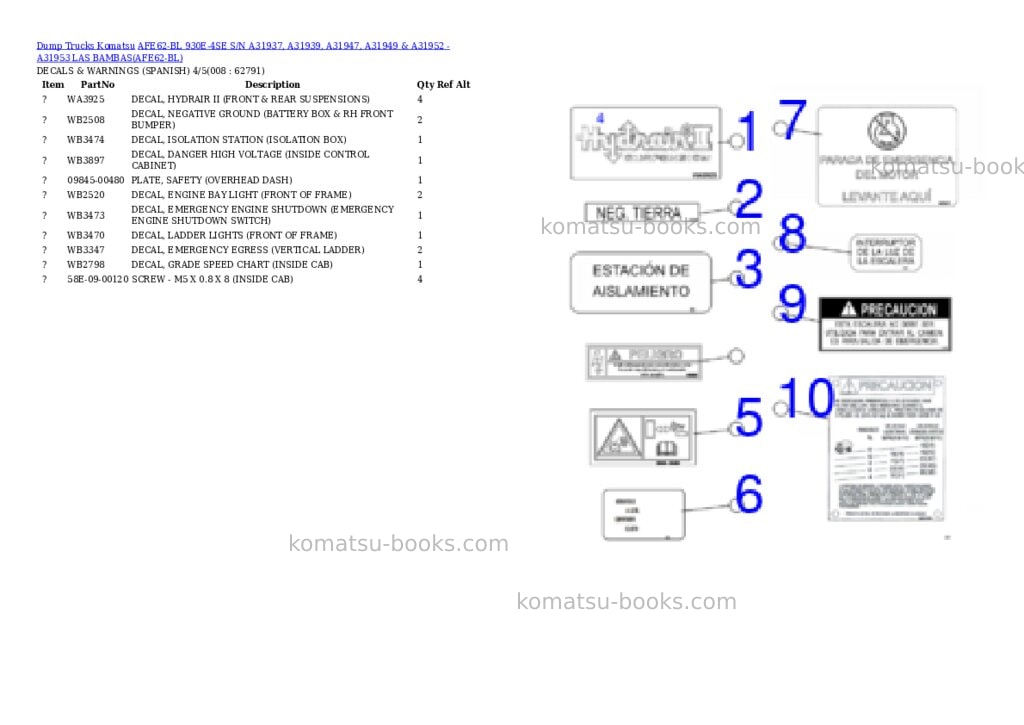 Komatsu afe62-bl 930e-4se s/n a31937, a31939, a31947, a31949 & a31952 - a31953 las bambas Parts catalog cover Page 4 Komatsu afe62-bl 930e-4se s/n a31937, a31939, a31947, a31949 & a31952 - a31953 las bambas Parts catalog cover Page 4