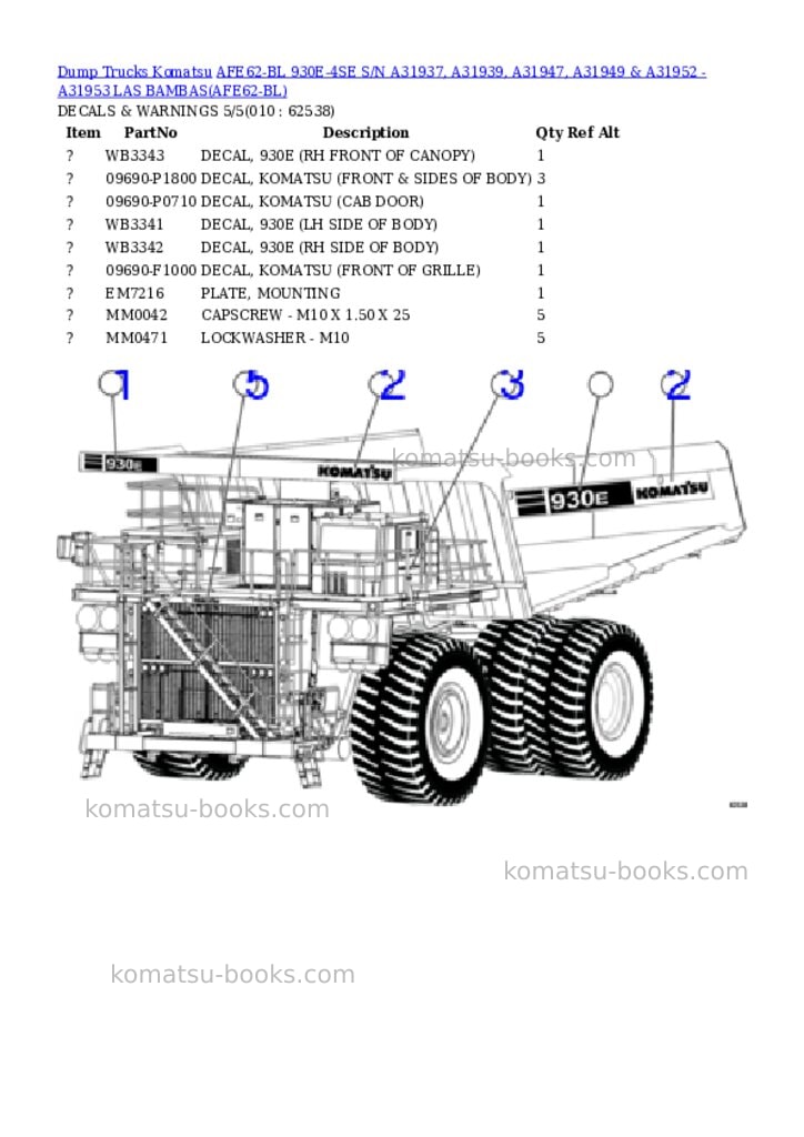Komatsu afe62-bl 930e-4se s/n a31937, a31939, a31947, a31949 & a31952 - a31953 las bambas Parts catalog cover Page 5 Komatsu afe62-bl 930e-4se s/n a31937, a31939, a31947, a31949 & a31952 - a31953 las bambas Parts catalog cover Page 5